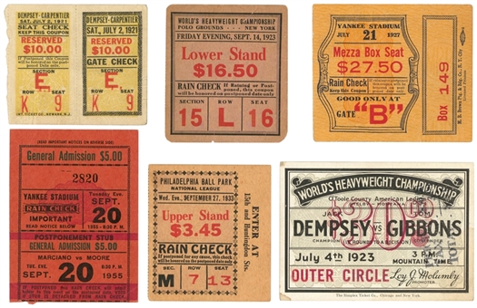1921-55 Boxing Title Fights Ticket Stub Collection Including Dempsey And Marciano- 7 Total 